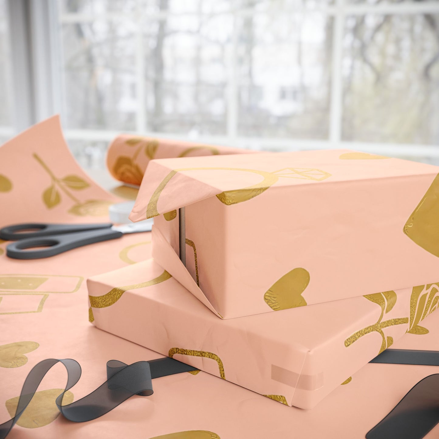 Romantic Celebration Wrapping Paper – Rings, Roses & Champagne on Blush Pink