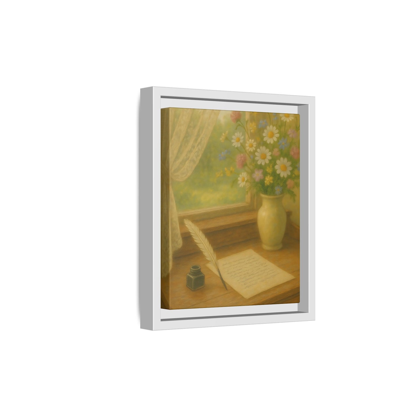 Sunlit Writing Desk – Framed Matte Canvas Art of Quill, Flowers & Lace Window