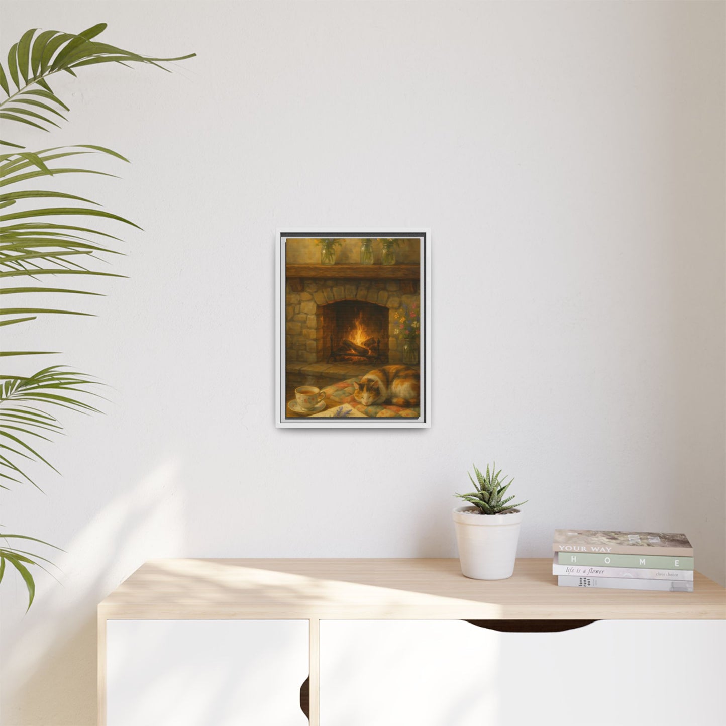 Hearthside Comfort – Framed Matte Canvas with Cat, Fireplace & Tea