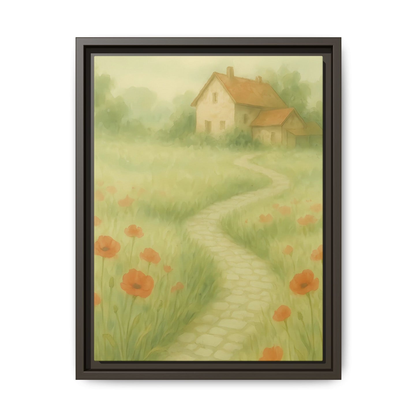 Poppy Path to Home – Framed Matte Canvas of Cottage & Flower Field Landscape