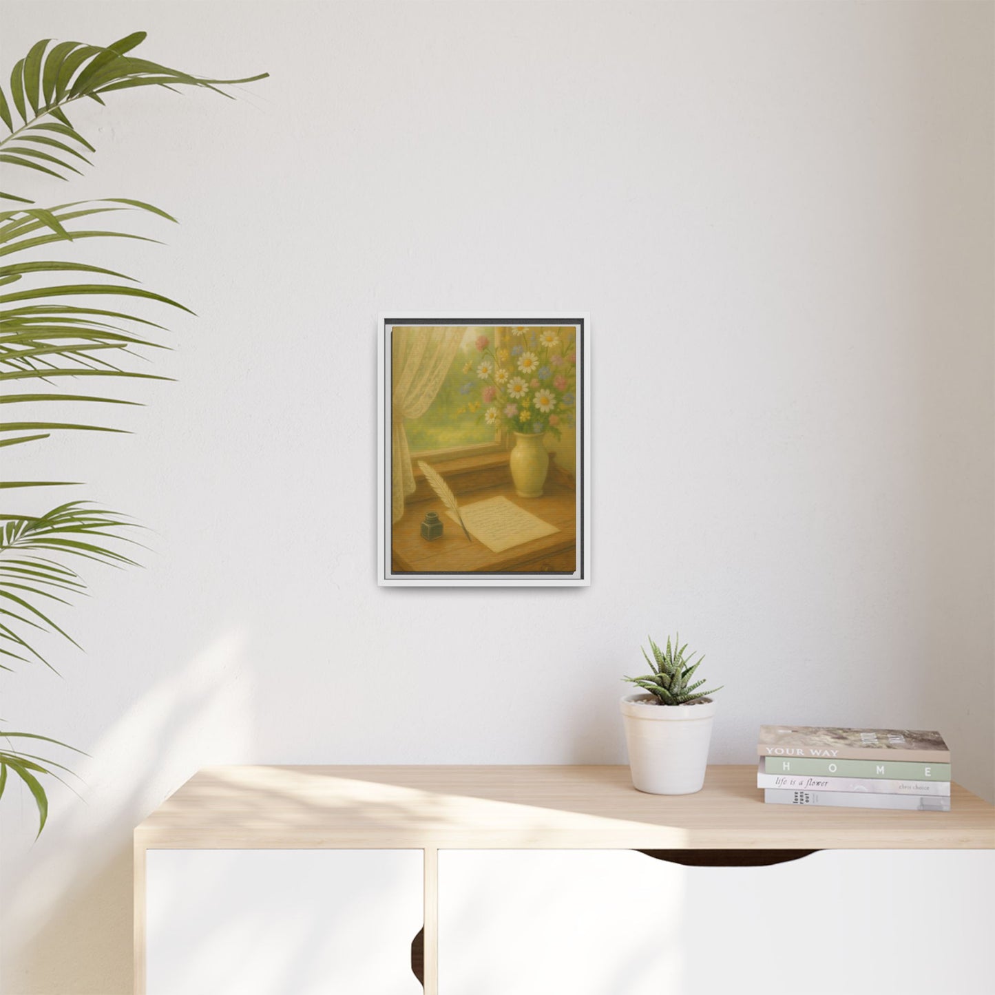 Sunlit Writing Desk – Framed Matte Canvas Art of Quill, Flowers & Lace Window