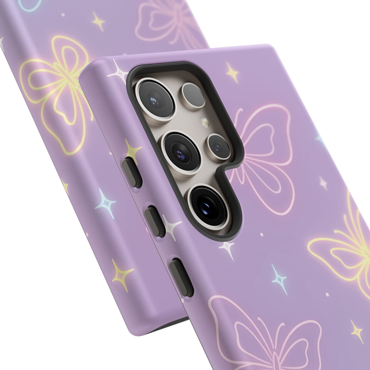 Pastel Butterfly Dream Phone Case – Purple Neon Glow with Stars