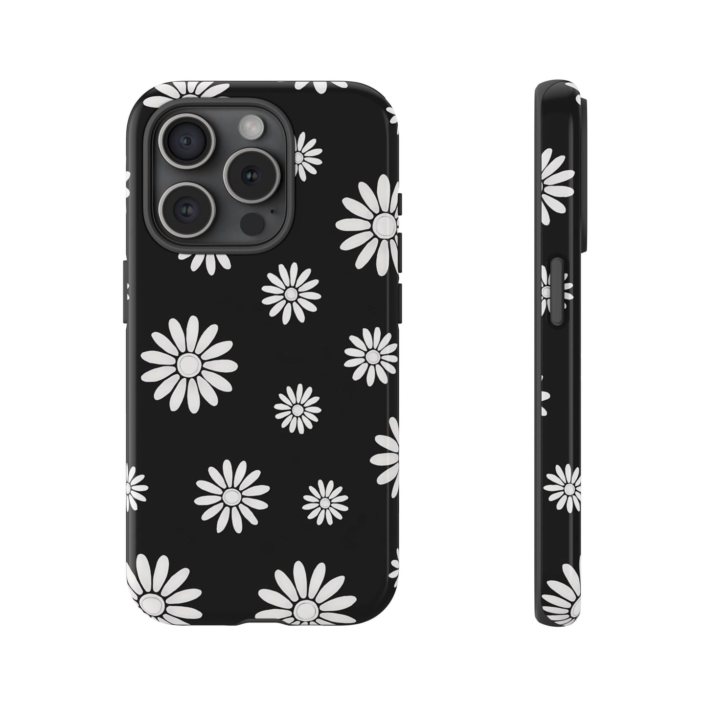 Retro Black & White Daisy Phone Case – Bold Floral Pattern with 3D Wrap Design