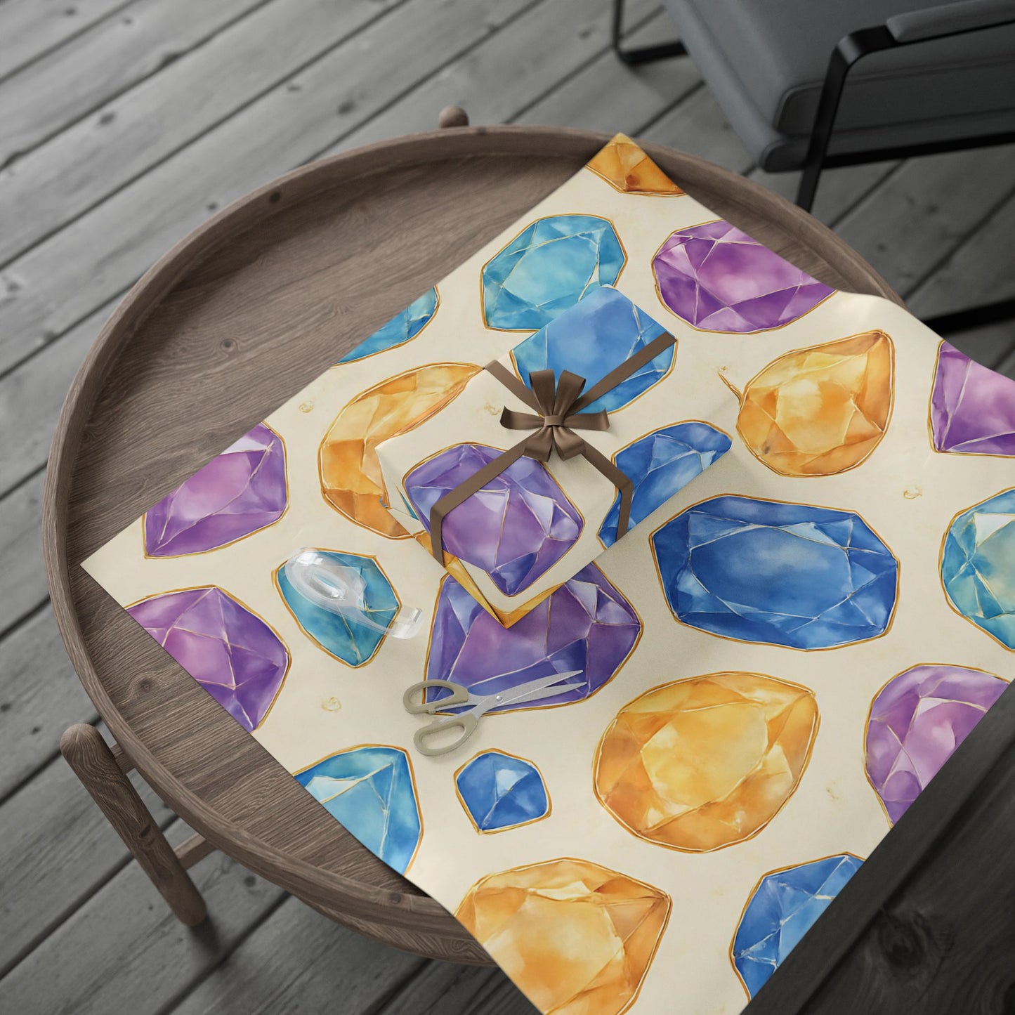 Colorful Gemstone Wrapping Paper – Luxury Gift Wrap with Jewel Print in Glossy or Matte Finish.