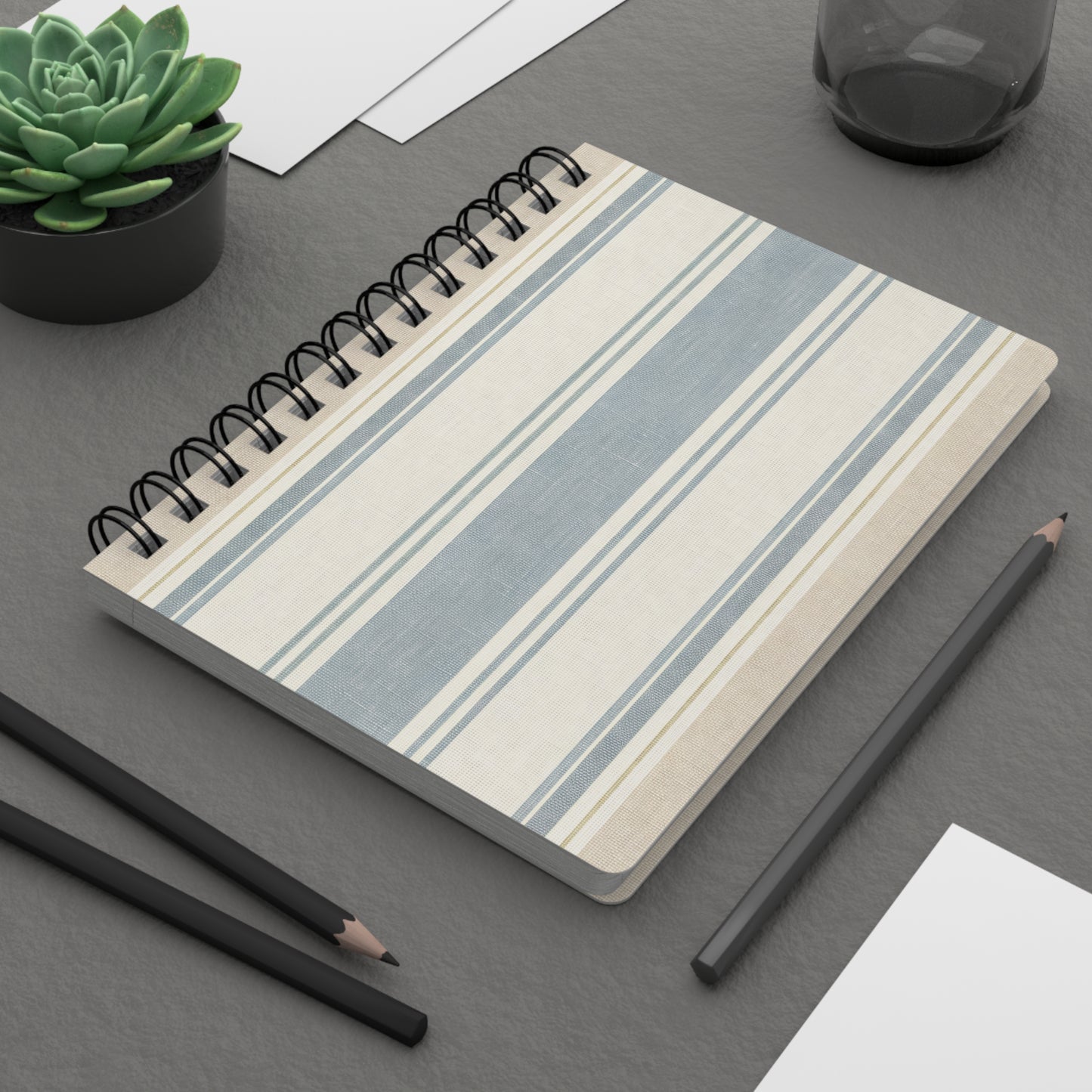 Striped Spiral Journal — Blue Neutral Vintage Notebook