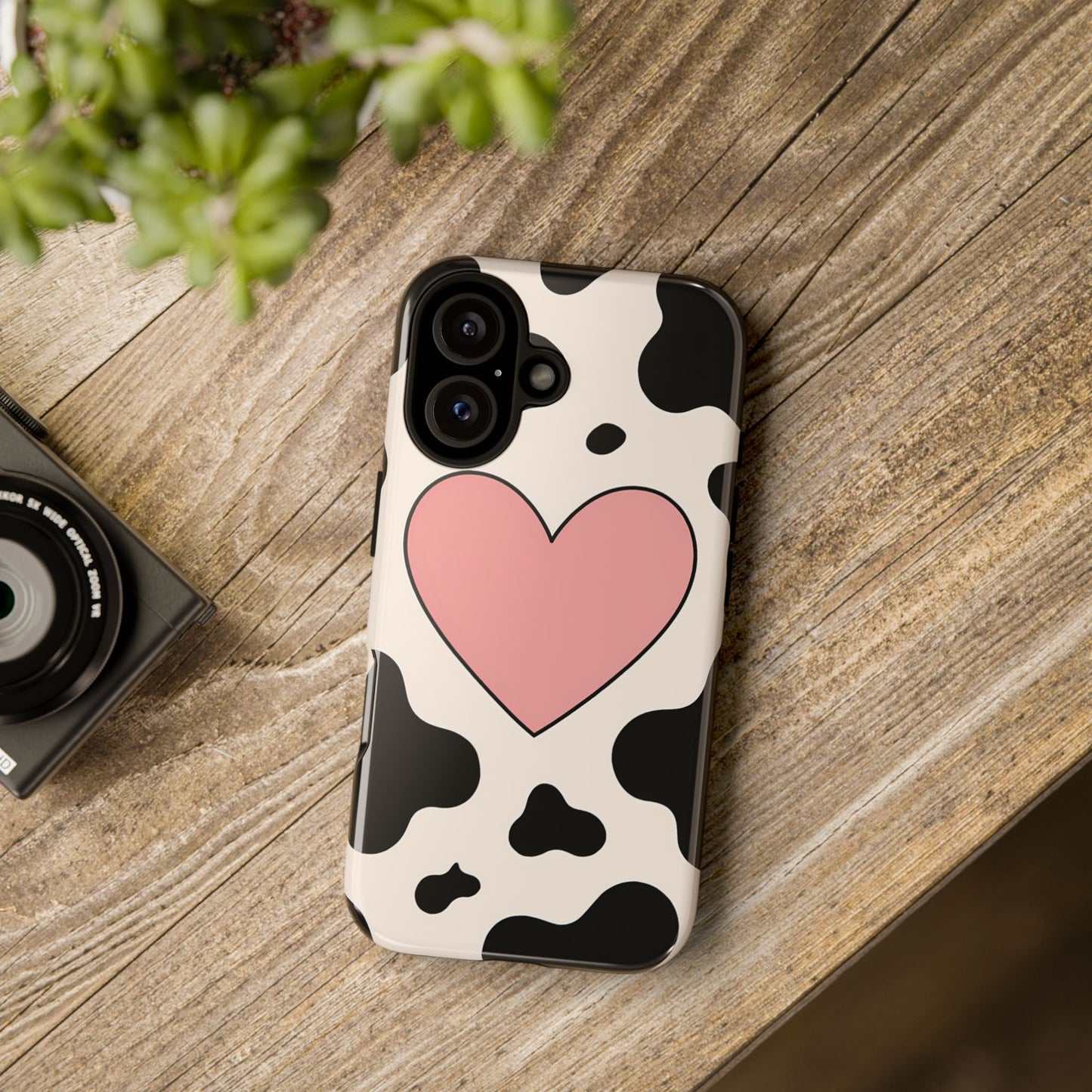 Cow Print Phone Case with Pink Heart – Bold & Cute Protective Cover