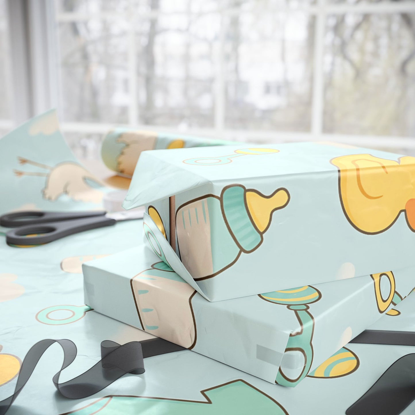 Baby Shower Wrapping Paper – Storks, Ducks & Baby Essentials on Sky Blue