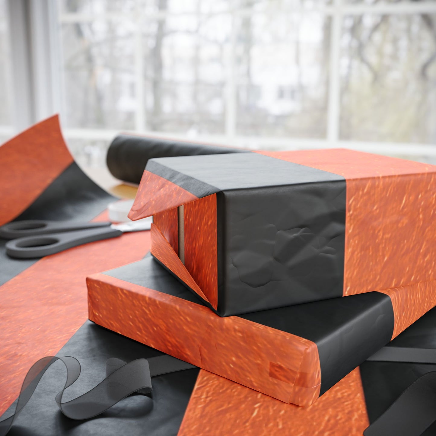 Black and Orange Striped Luxury Wrapping Paper – Glossy or Matte Finish, Durable 90gsm
