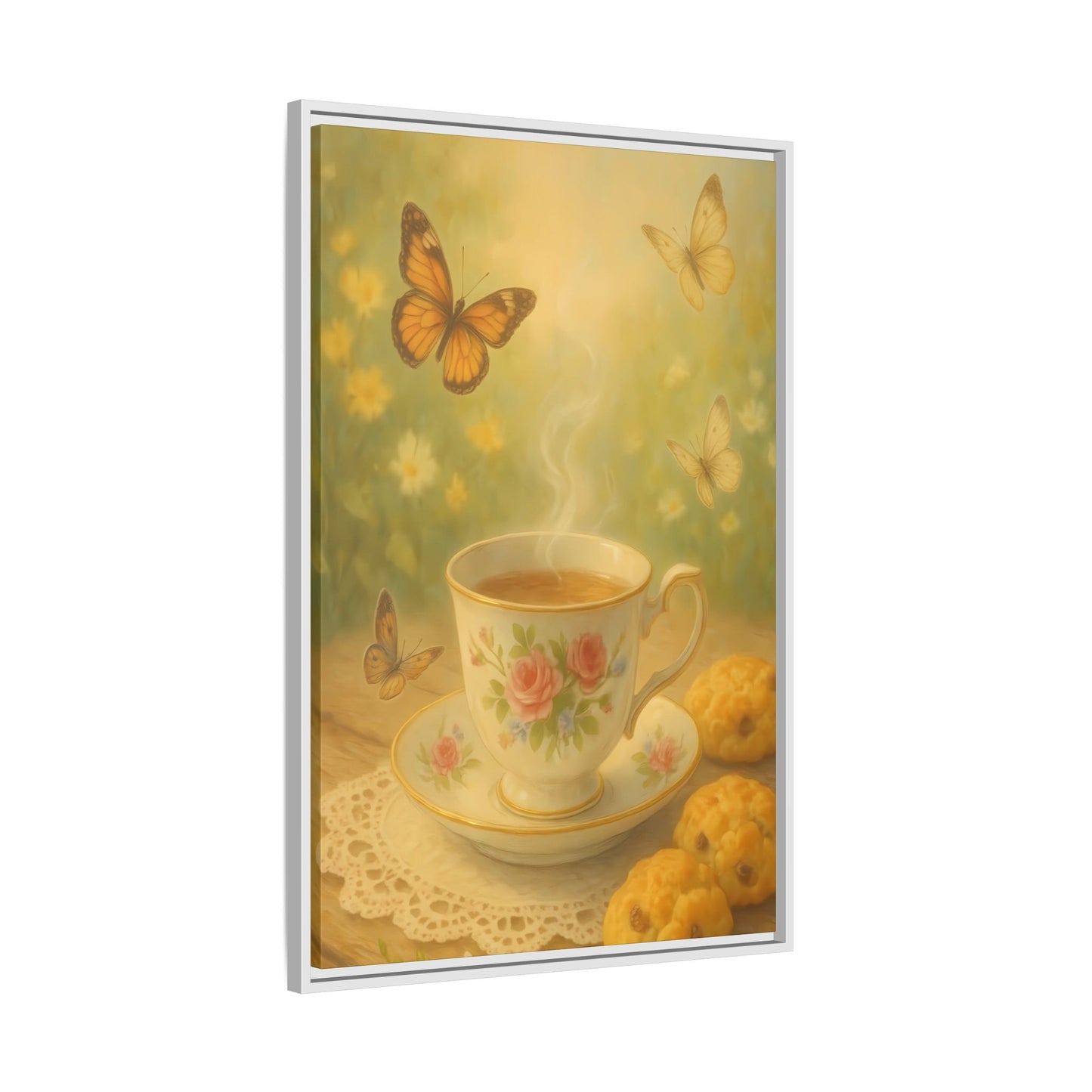 Tea & Butterflies – Framed Matte Canvas of Vintage Teacup and Garden Scene