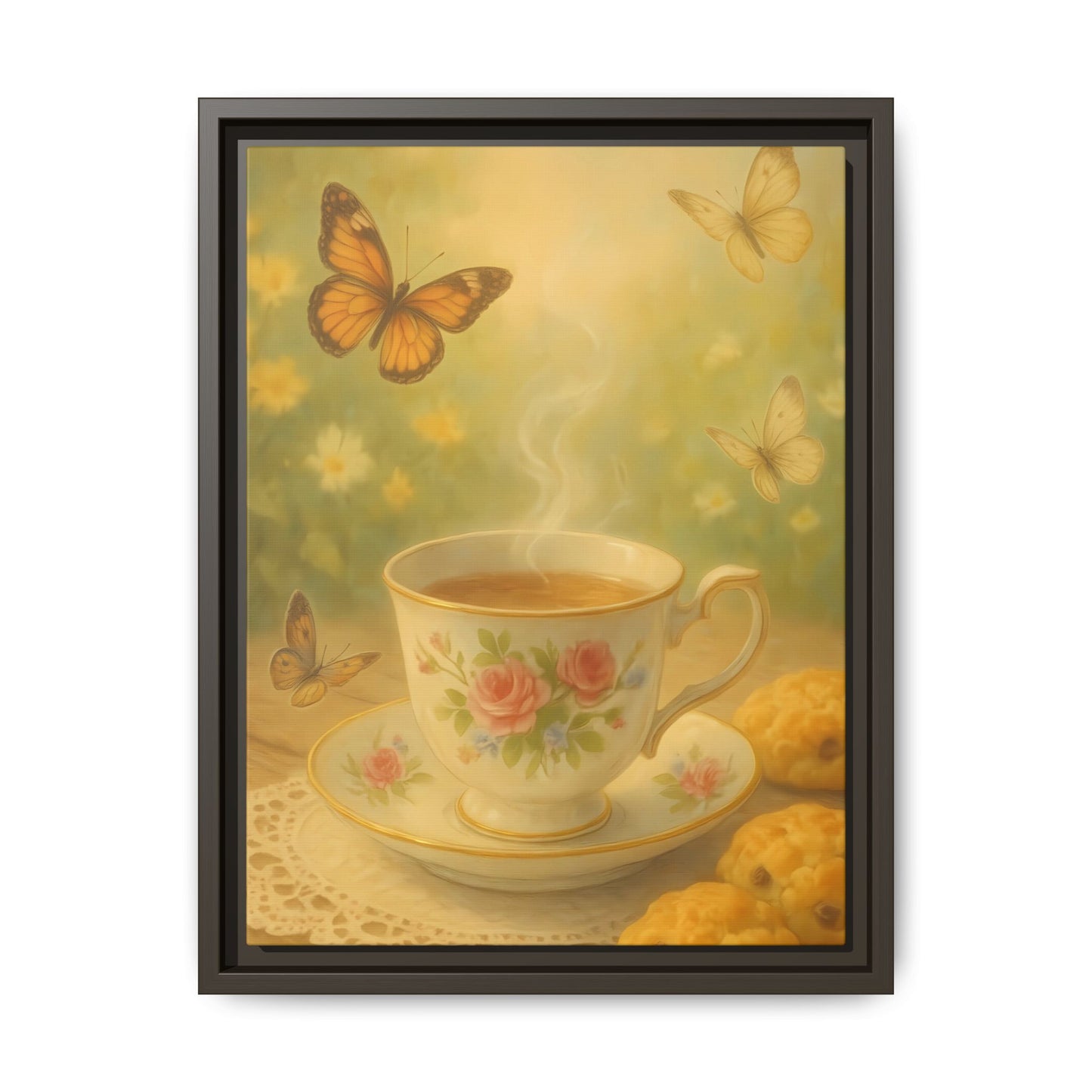 Tea & Butterflies – Framed Matte Canvas of Vintage Teacup and Garden Scene