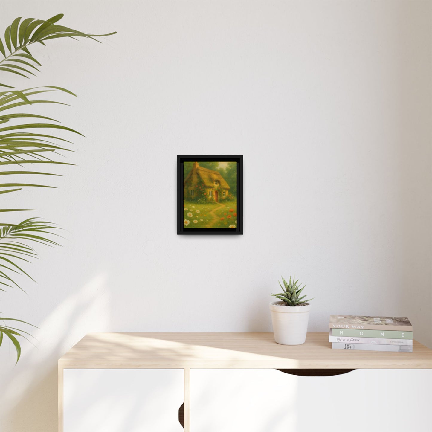 Cottage in Bloom – Framed Matte Canvas Art of Thatched Cottage & Wildflowers