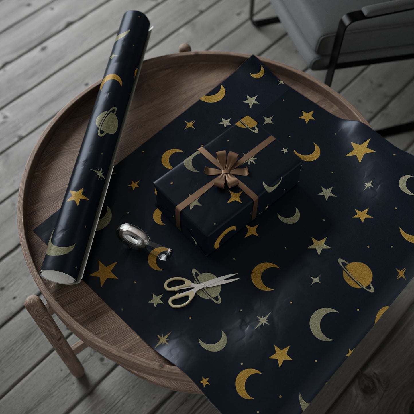 Celestial Night Sky Wrapping Paper – Moons, Stars & Planets on Midnight Blue
