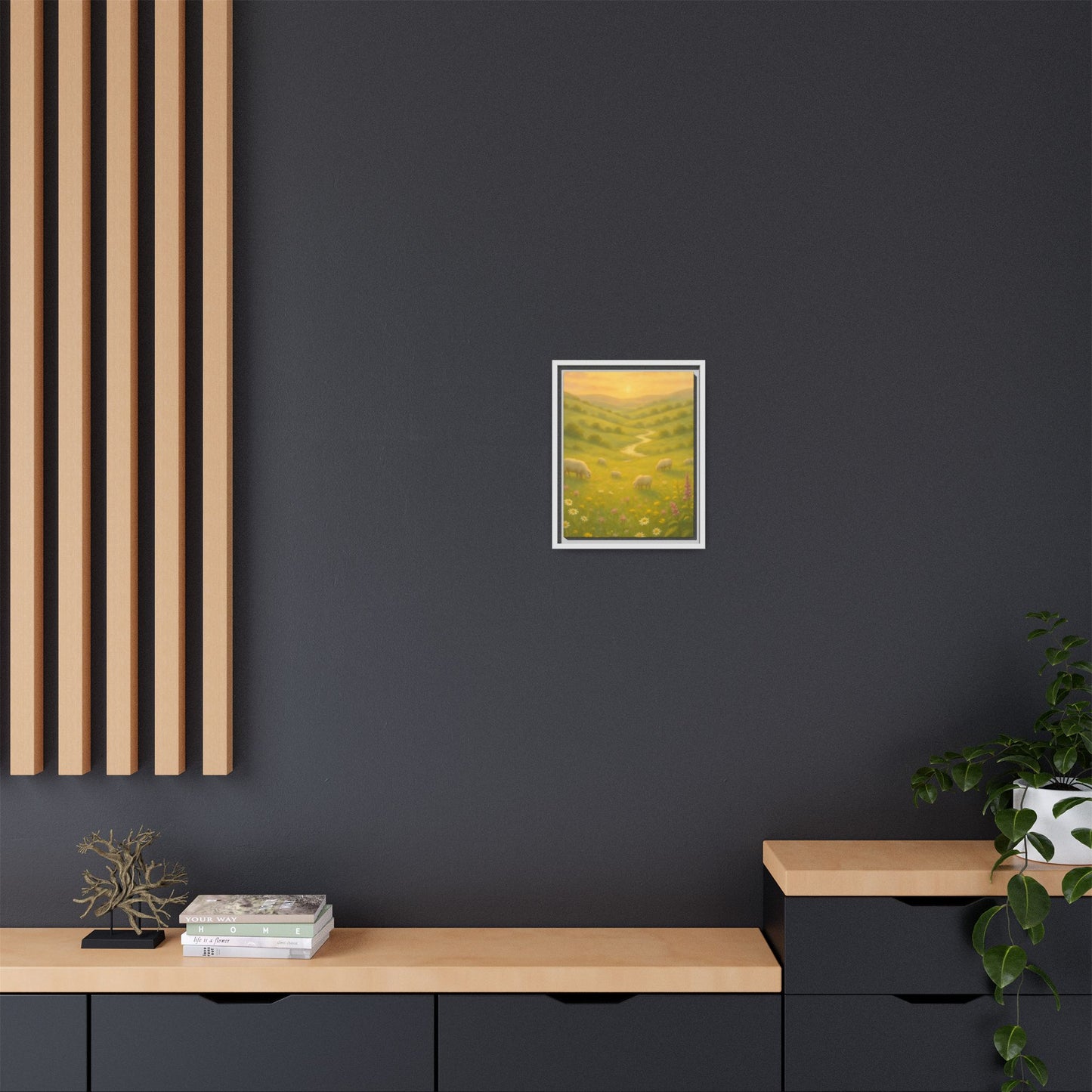 Golden Meadow Sunrise – Framed Matte Canvas Pastoral Landscape Art