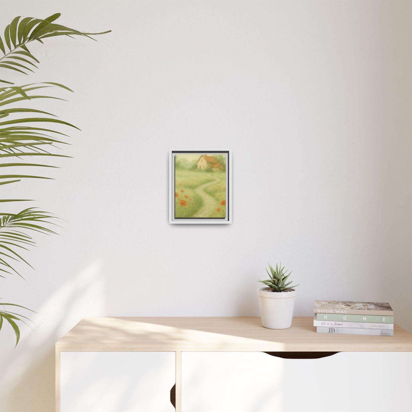 Poppy Path to Home – Framed Matte Canvas of Cottage & Flower Field Landscape