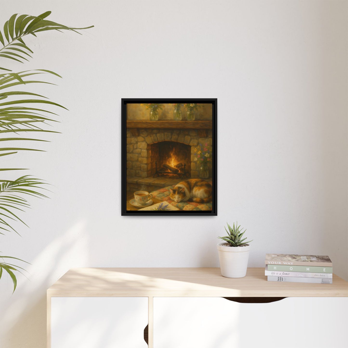 Hearthside Comfort – Framed Matte Canvas with Cat, Fireplace & Tea