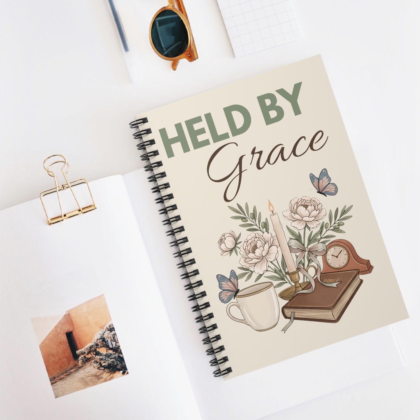 Held by Grace Spiral Notebook — Floral Faith Journal, Inspirational Ruled Notebook for Prayer, Bible Study, Gifts