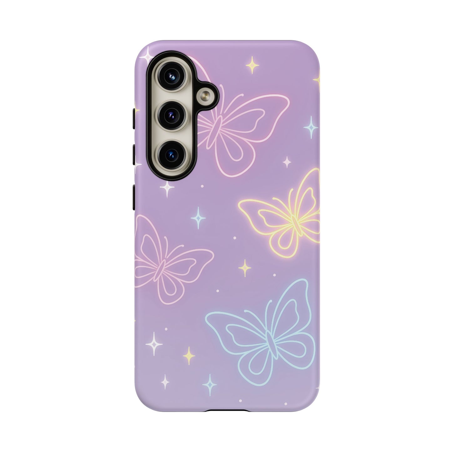 Pastel Butterfly Dream Phone Case – Purple Neon Glow with Stars