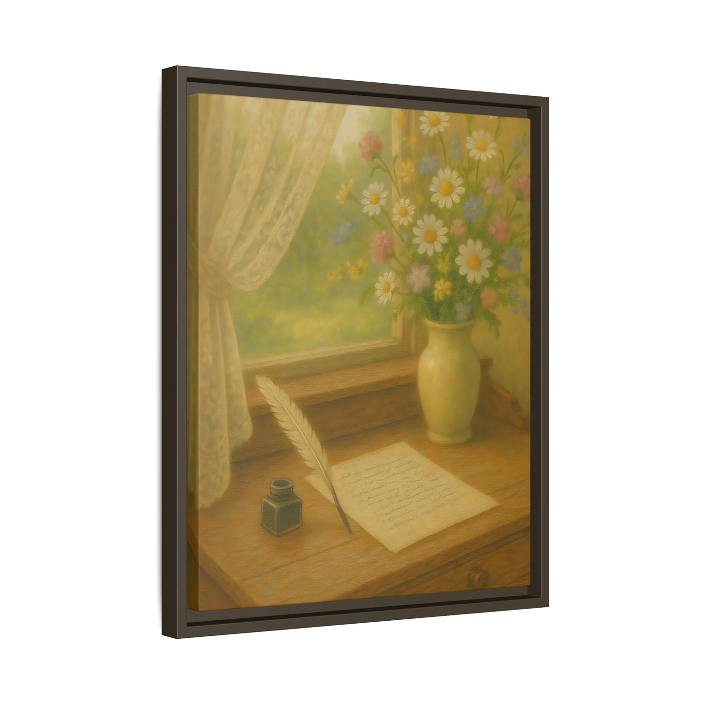 Sunlit Writing Desk – Framed Matte Canvas Art of Quill, Flowers & Lace Window