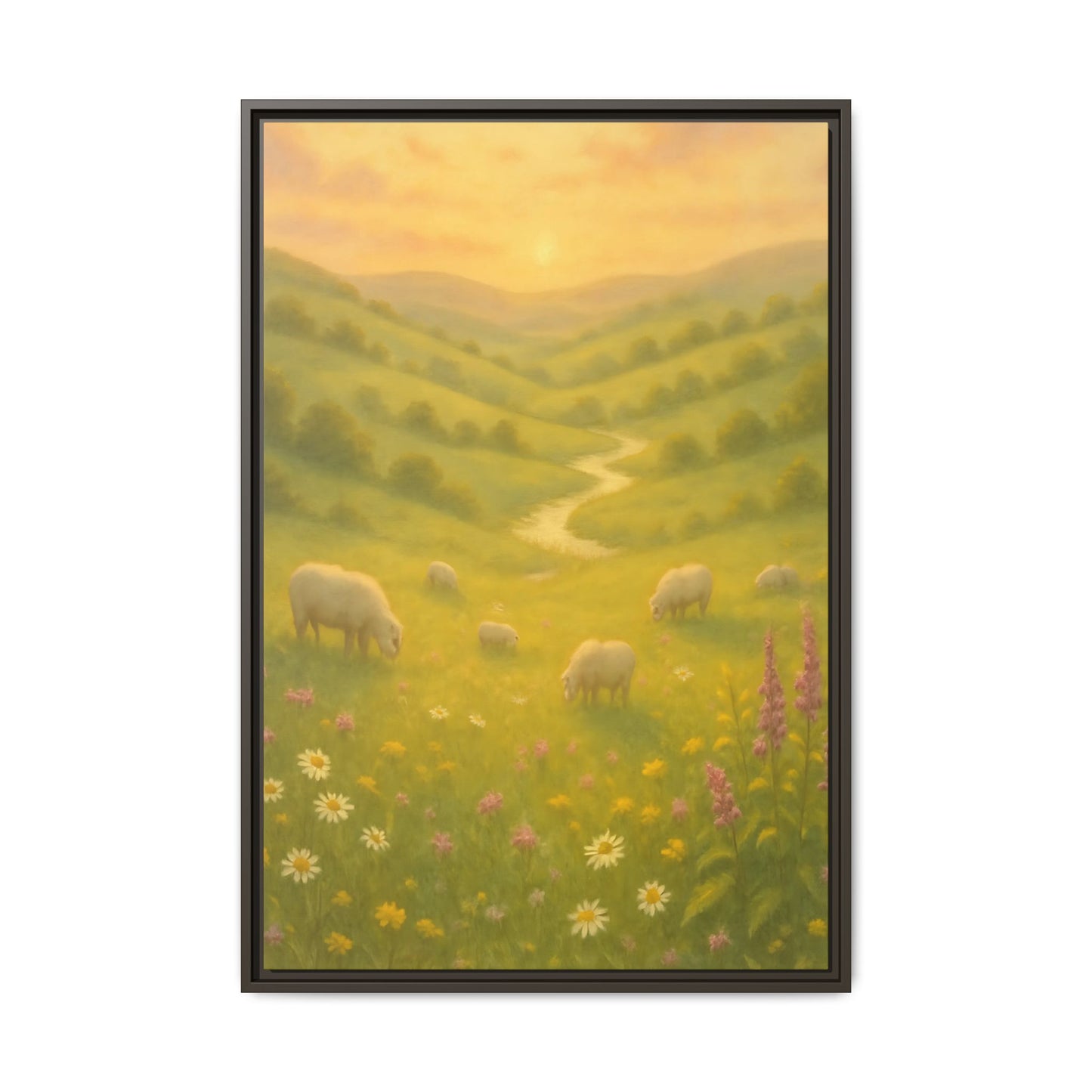 Golden Meadow Sunrise – Framed Matte Canvas Pastoral Landscape Art