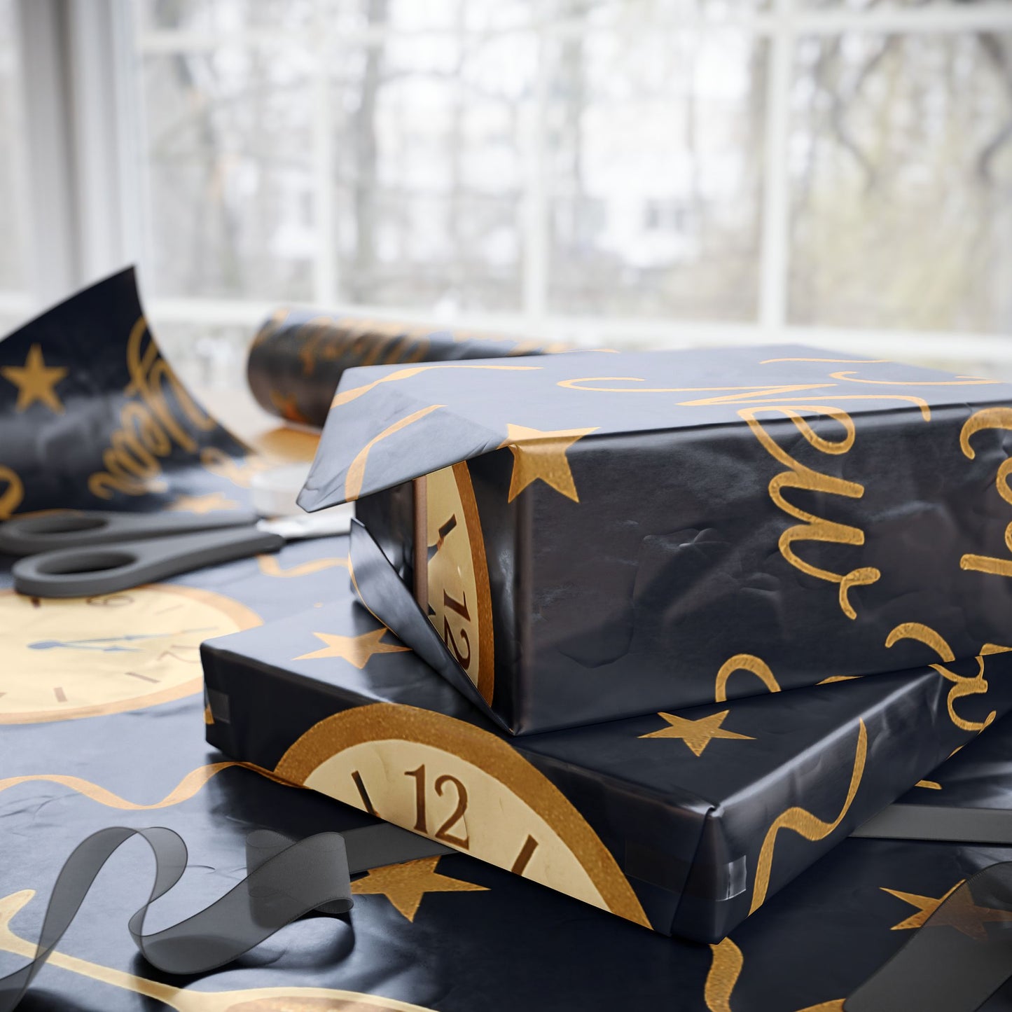 Midnight Celebration New Year Wrapping Paper – Clocks, Champagne & Confetti on Navy