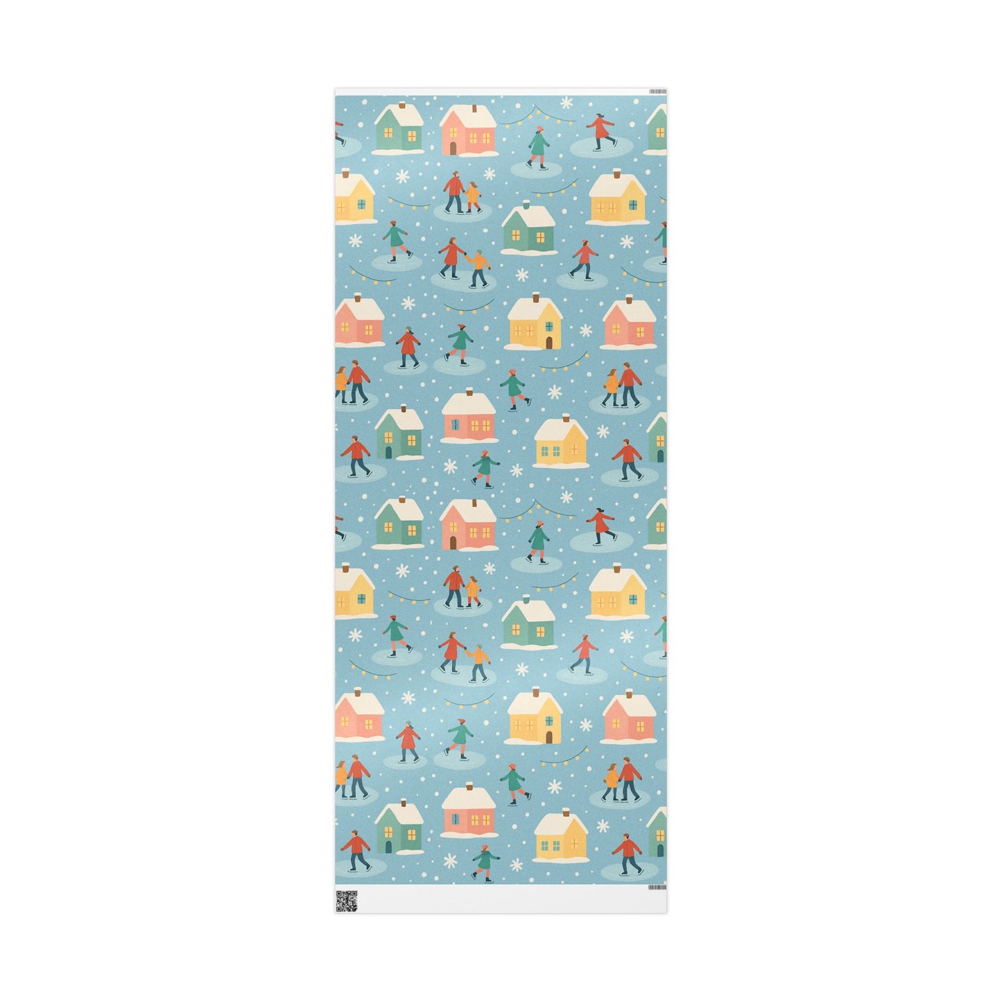 Pastel Winter Village Wrapping Paper with Ice Skaters – Holiday Gift Wrap in Matte or Glossy