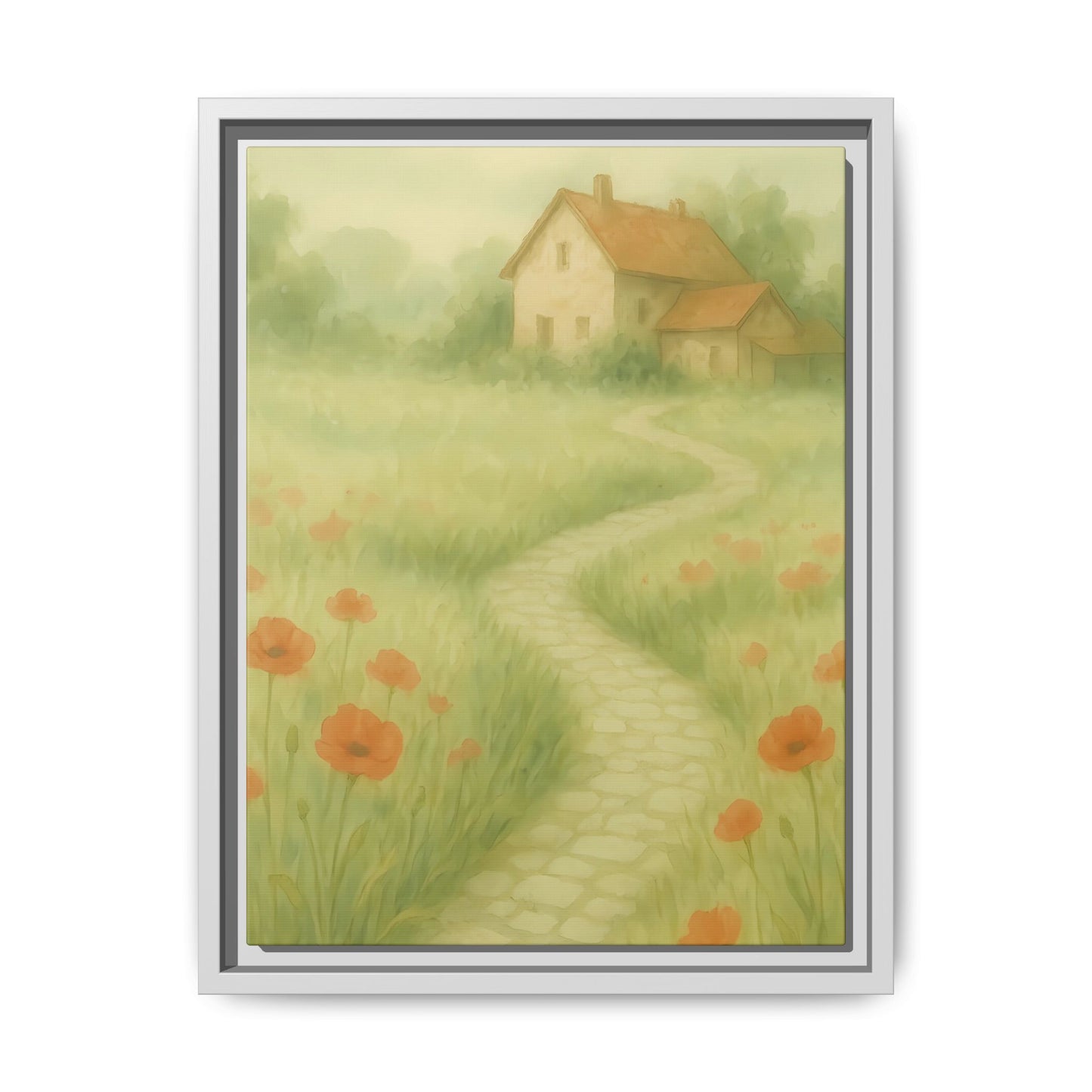 Poppy Path to Home – Framed Matte Canvas of Cottage & Flower Field Landscape