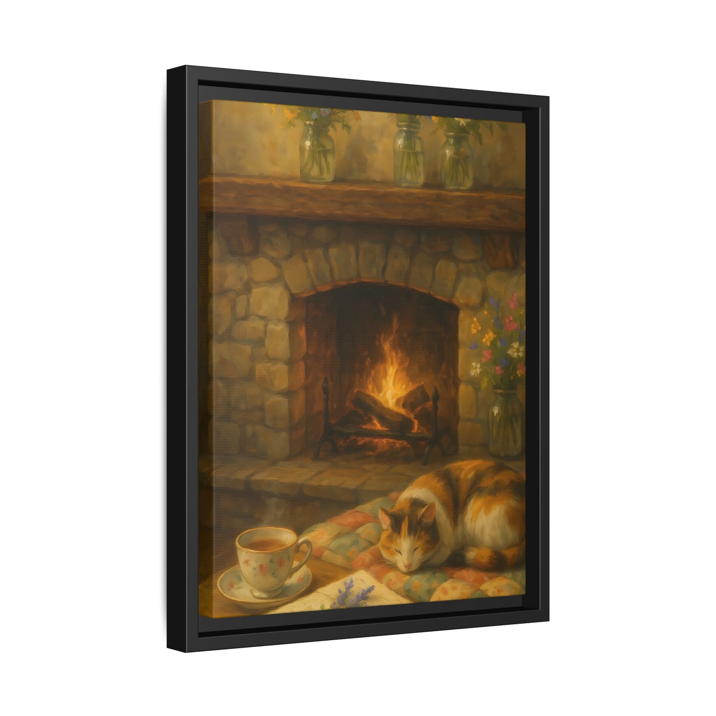 Hearthside Comfort – Framed Matte Canvas with Cat, Fireplace & Tea