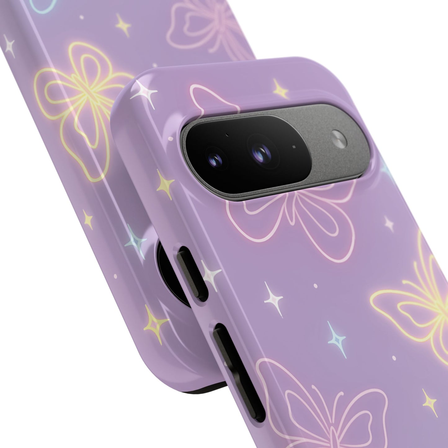 Pastel Butterfly Dream Phone Case – Purple Neon Glow with Stars