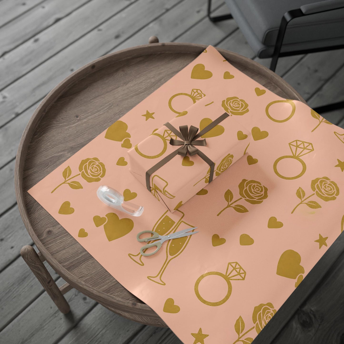 Romantic Celebration Wrapping Paper – Rings, Roses & Champagne on Blush Pink