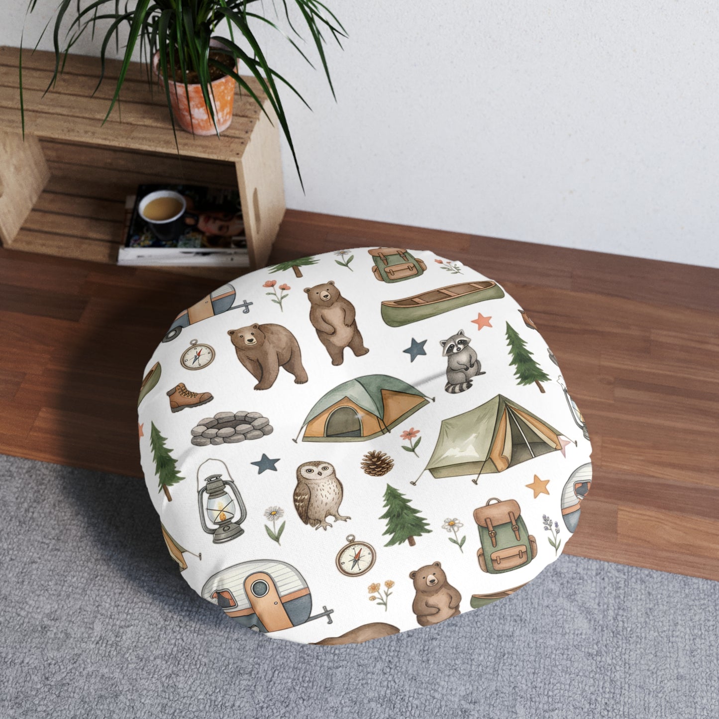 Camping Pattern Round Floor Pillow — Cute Woodland Animals & Gear Tufted Cushion