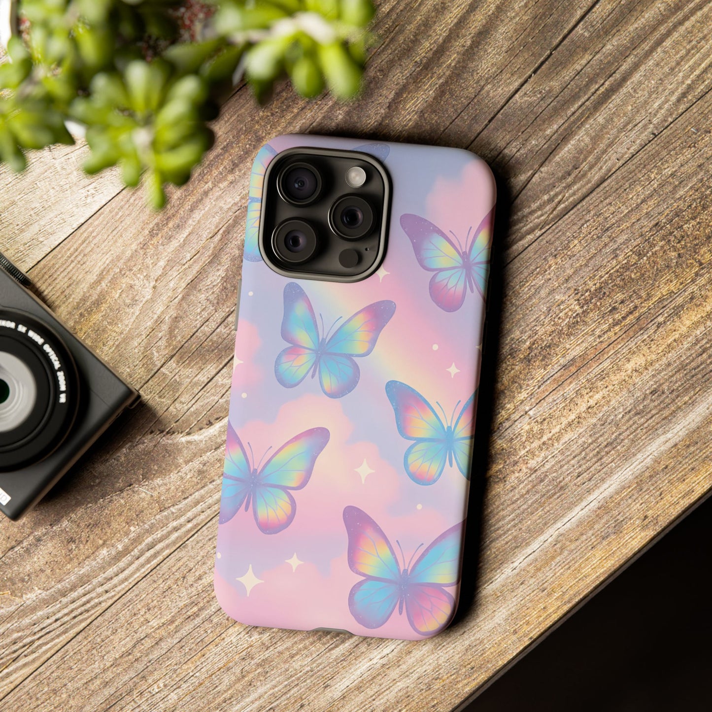 Rainbow Pastel Butterfly Phone Case – Dreamy Clouds & Iridescent Glow