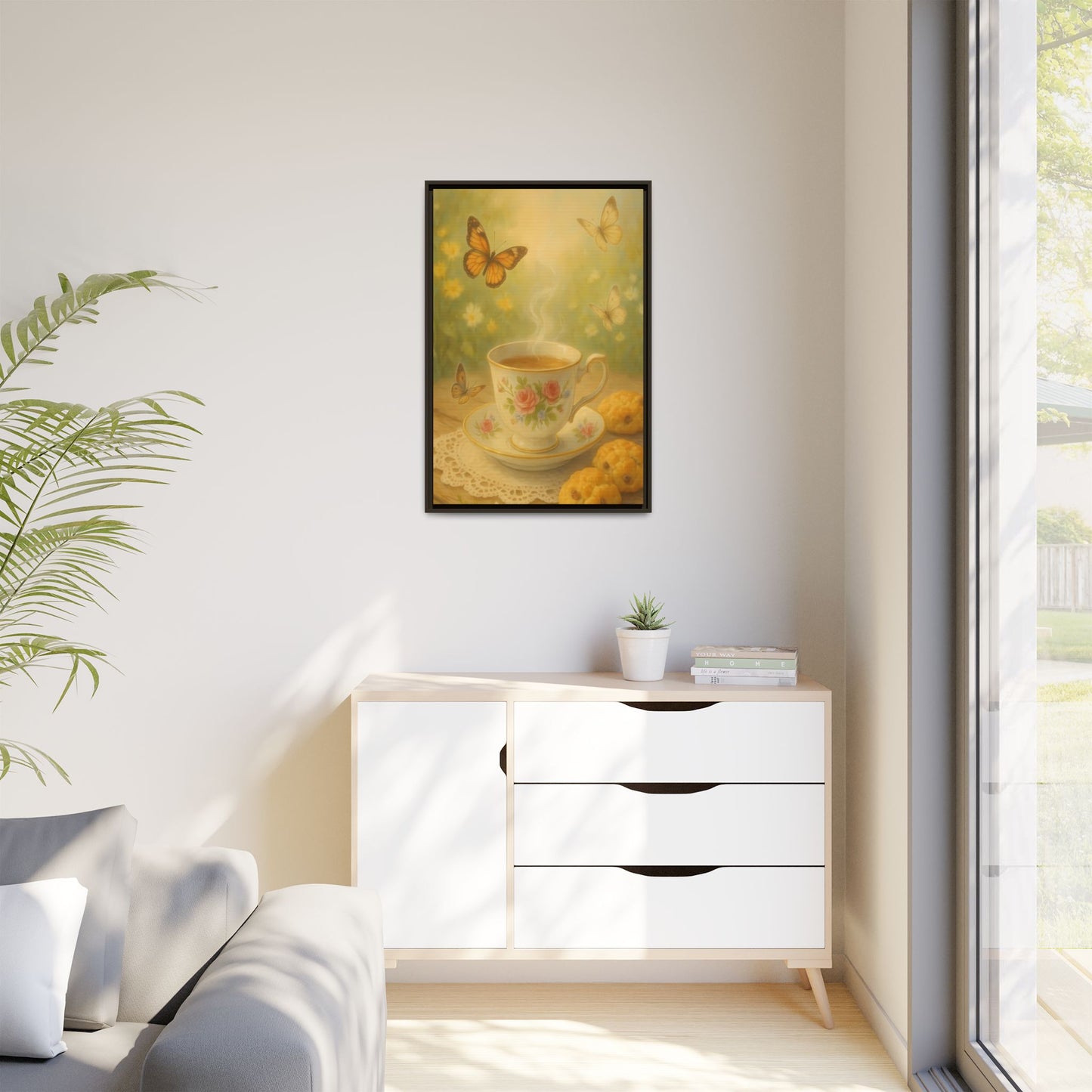 Tea & Butterflies – Framed Matte Canvas of Vintage Teacup and Garden Scene