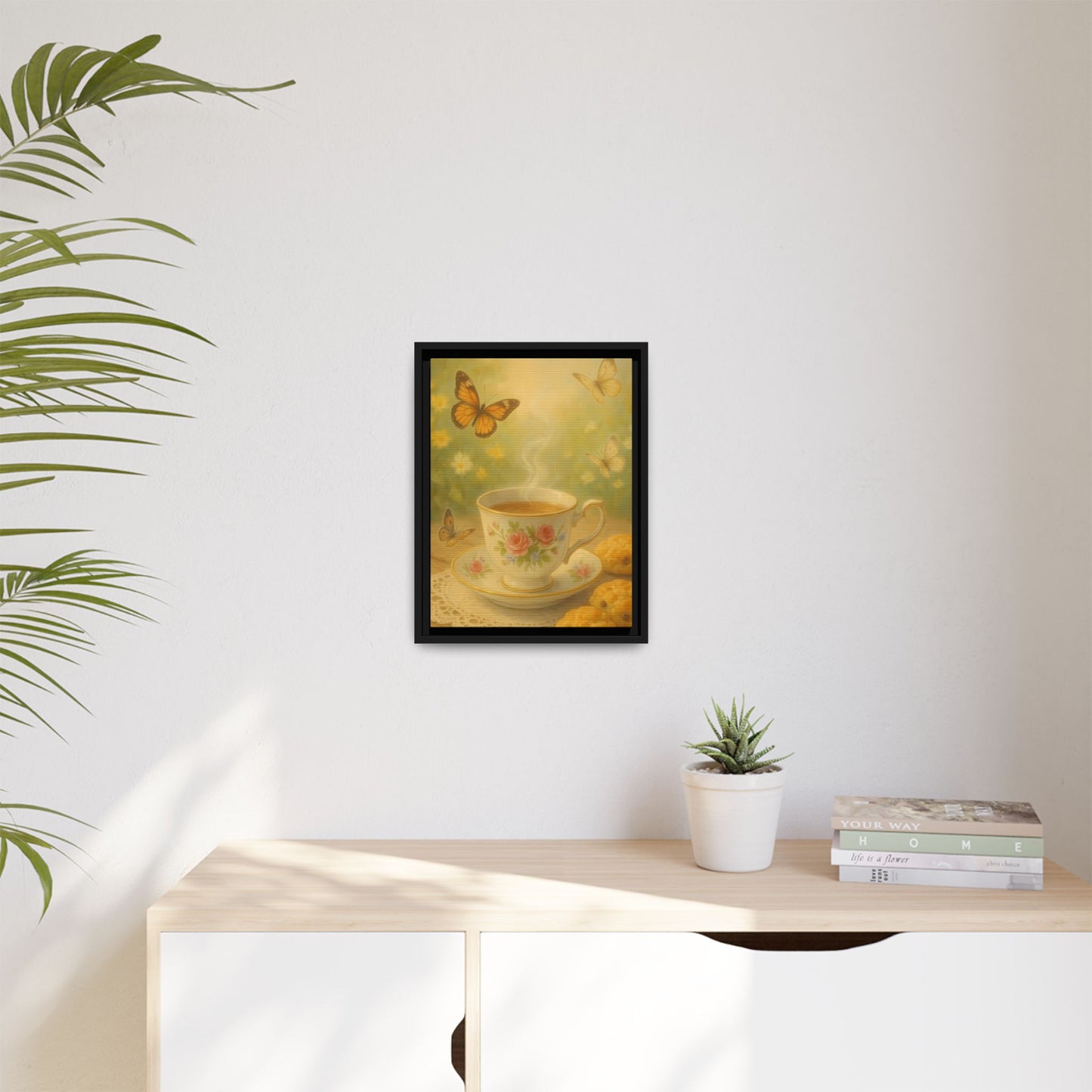 Tea & Butterflies – Framed Matte Canvas of Vintage Teacup and Garden Scene