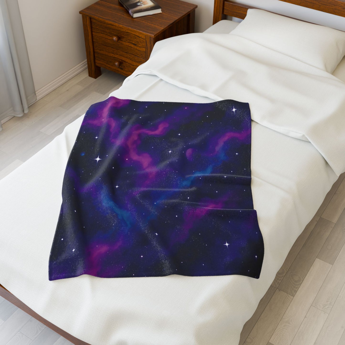 Velveteen Galaxy Plush Blanket – Cosmic Nebula Print in Purple & Blue (Adult Size)