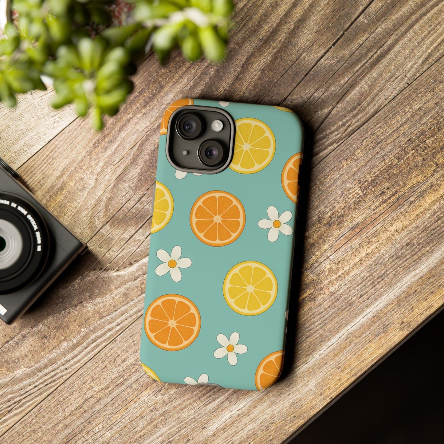 Citrus Bloom Phone Case – Orange, Lemon & Daisy Pattern on Teal