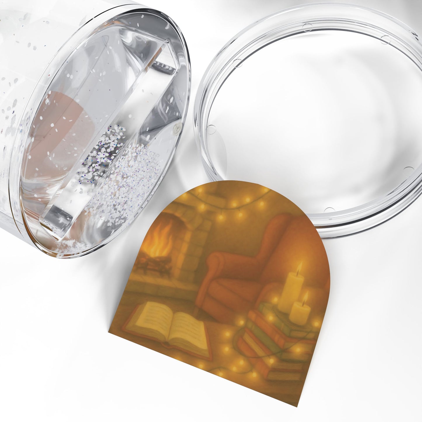Cozy Reading Nook Snow Globe – Warm Holiday Glow with Books and Armchair