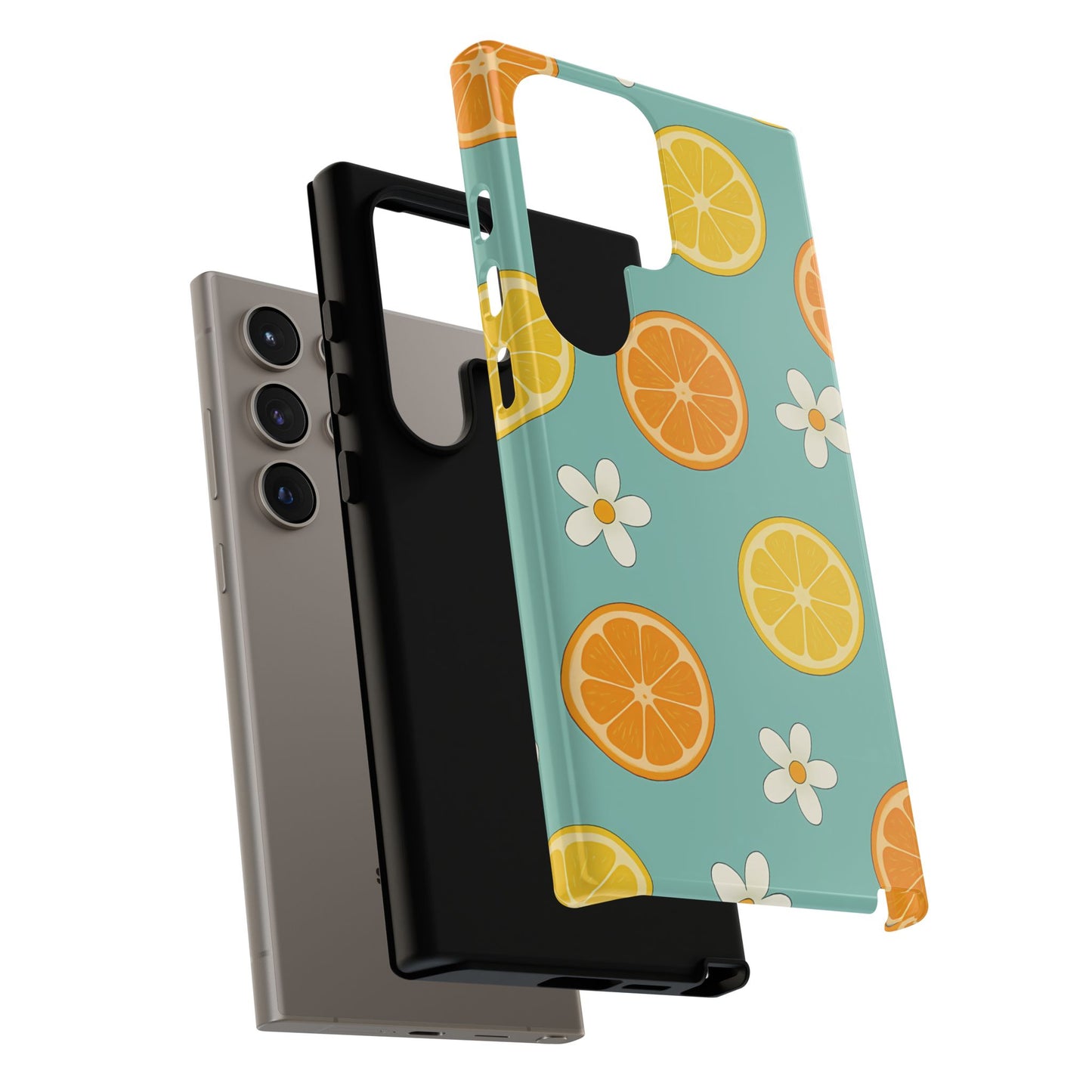 Citrus Bloom Phone Case – Orange, Lemon & Daisy Pattern on Teal