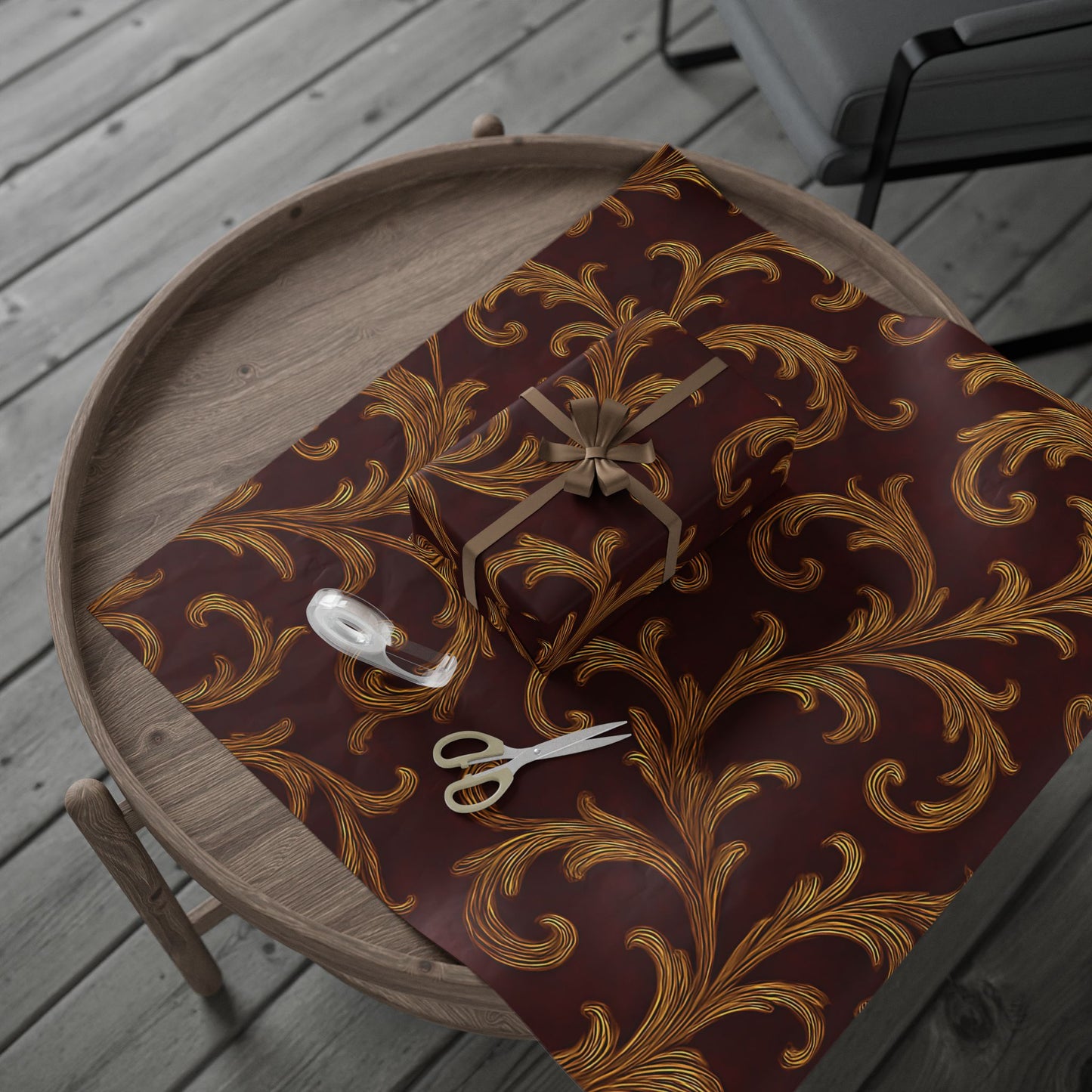Burgundy & Gold Baroque Scroll Wrapping Paper – Luxurious Gift Wrap in Glossy or Matte Finish