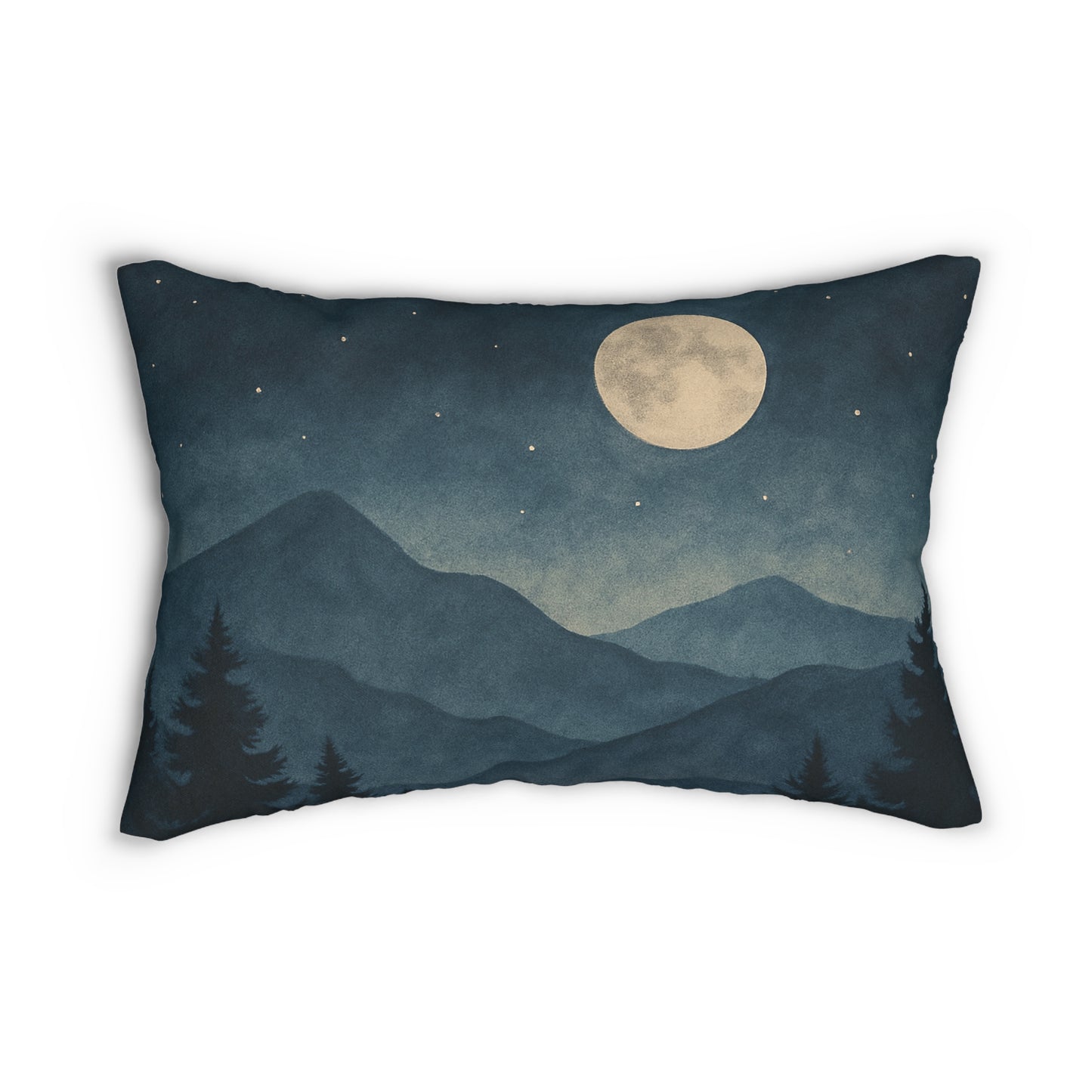 Moonlit Mountain Landscape Lumbar Pillow – Tranquil Forest Night Scene
