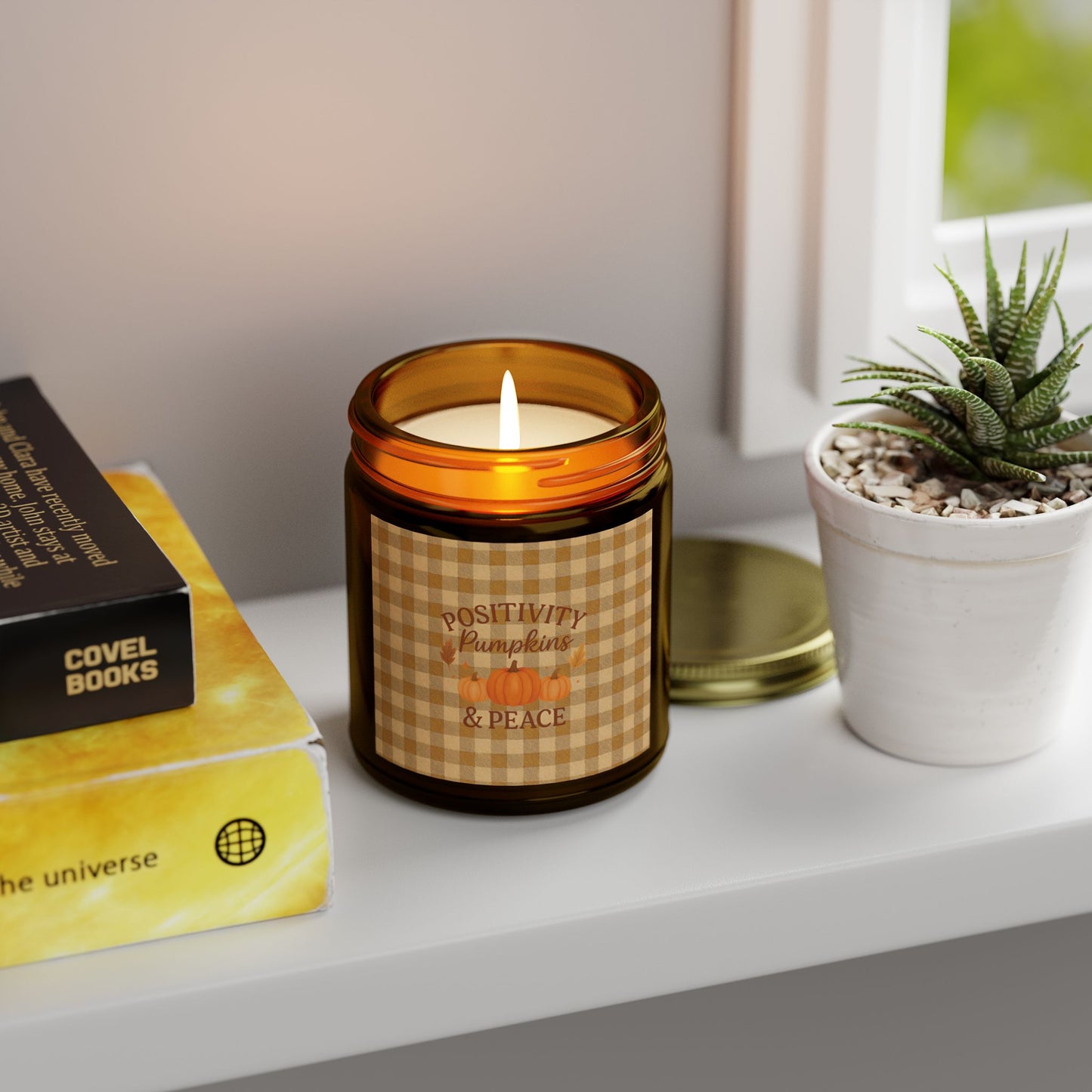 Positivity Pumpkins & Peace Candle - Fall Scented Coconut Apricot Wax Candle in Gingham Jar, Eco-Friendly Autumn Gift, 4oz or 9oz
