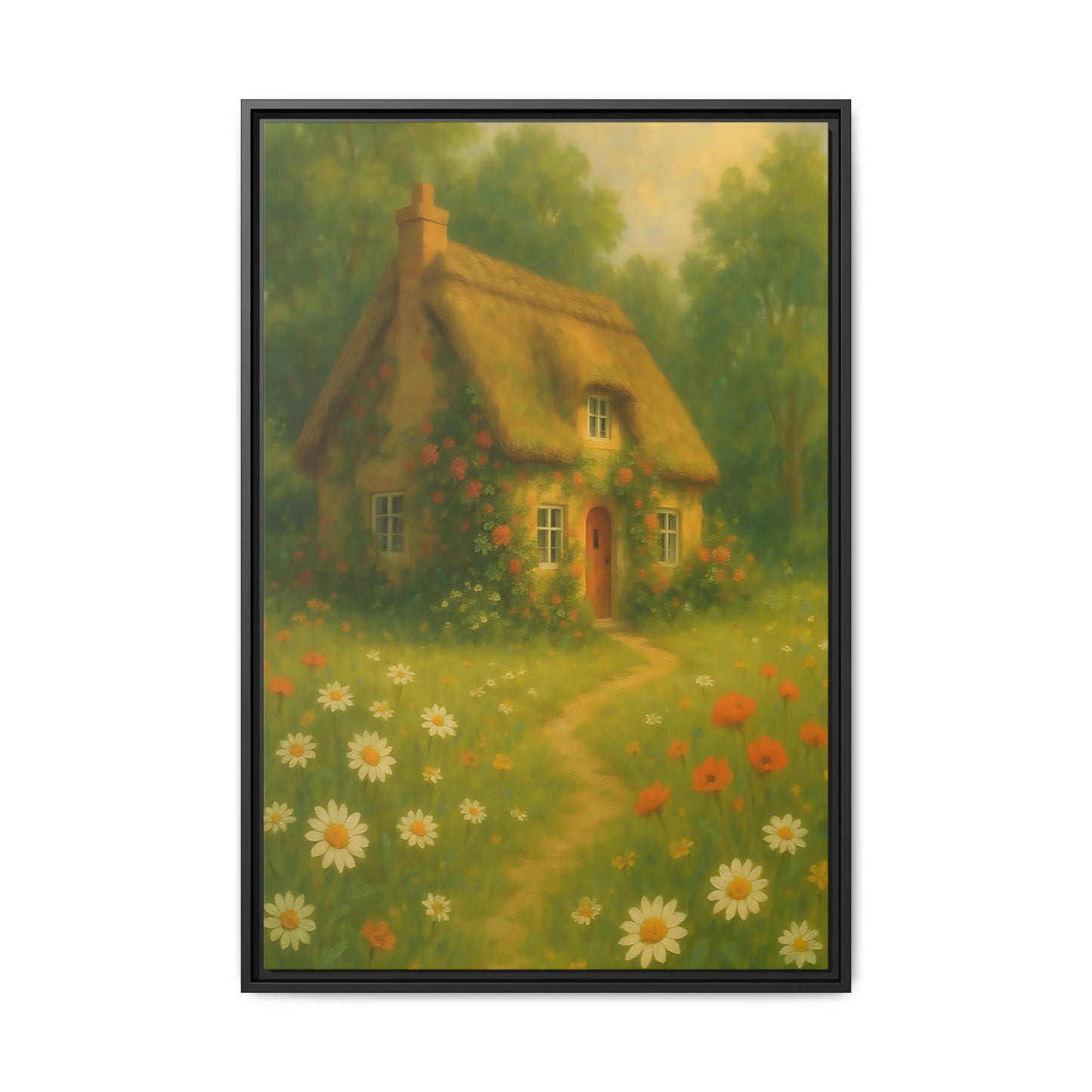 Cottage in Bloom – Framed Matte Canvas Art of Thatched Cottage & Wildflowers