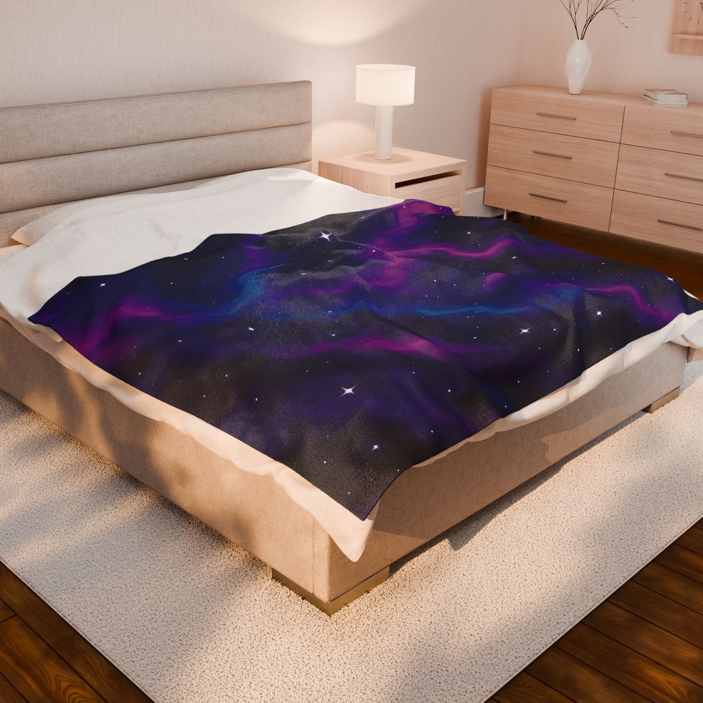Velveteen Galaxy Plush Blanket – Cosmic Nebula Print in Purple & Blue (Adult Size)