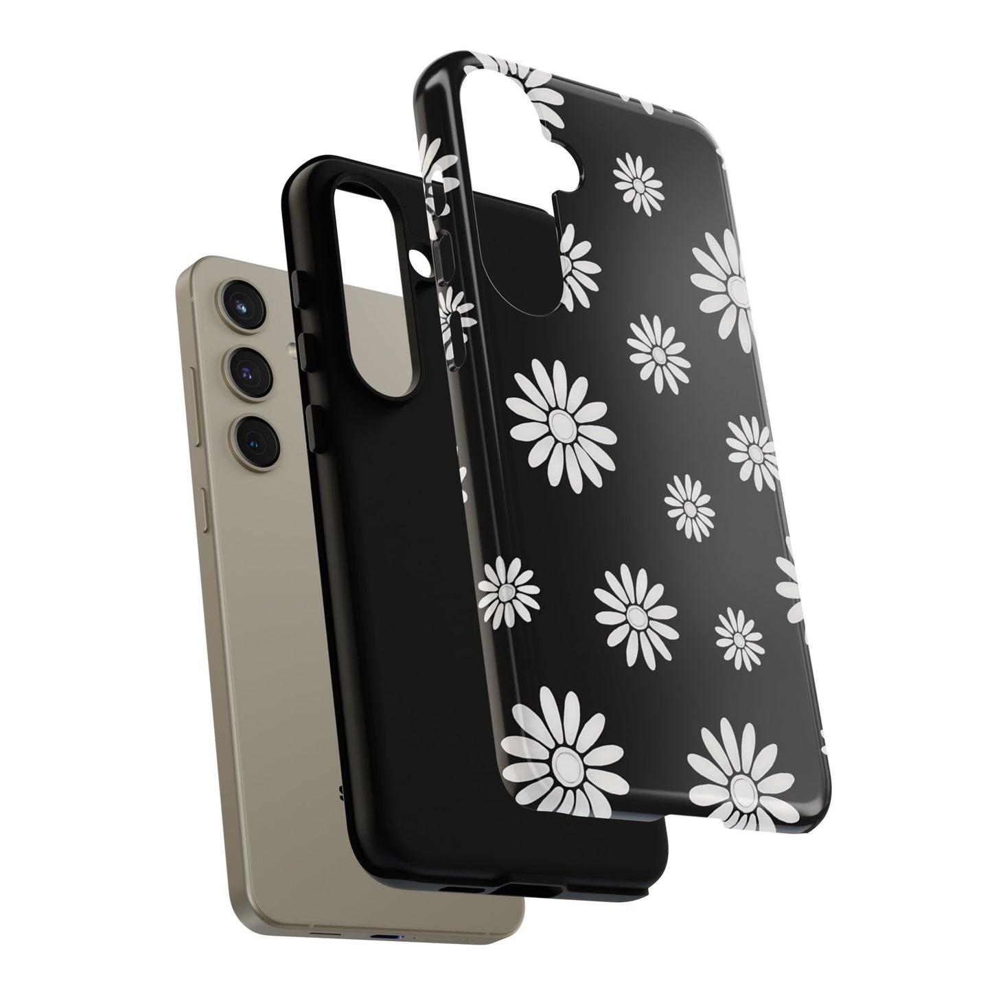Retro Black & White Daisy Phone Case – Bold Floral Pattern with 3D Wrap Design