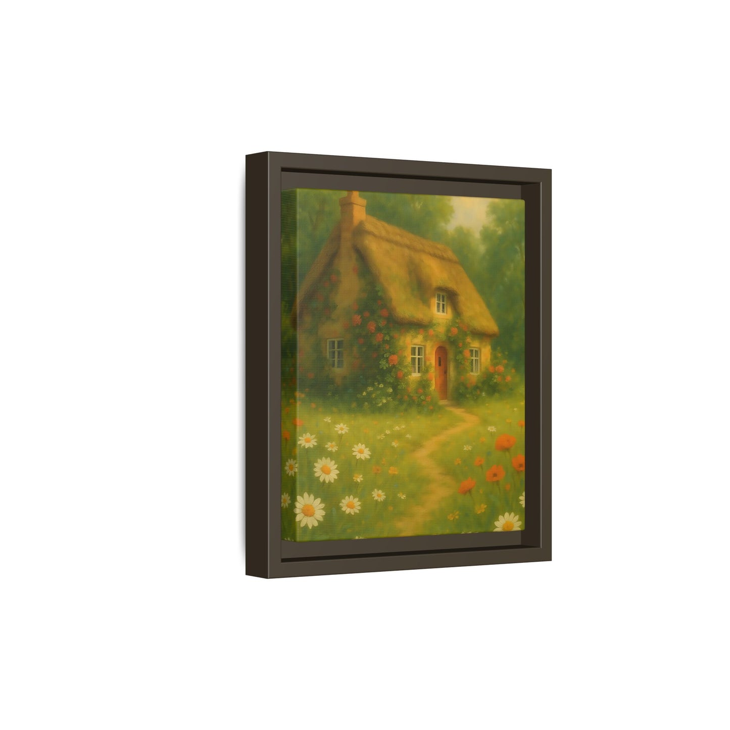 Cottage in Bloom – Framed Matte Canvas Art of Thatched Cottage & Wildflowers