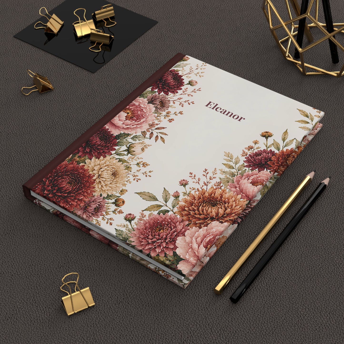 Personalized Floral Hardcover Journal — Vintage Chrysanthemum Notebook (Custom Name)