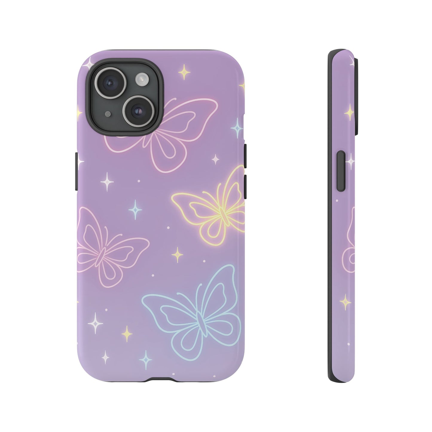 Pastel Butterfly Dream Phone Case – Purple Neon Glow with Stars