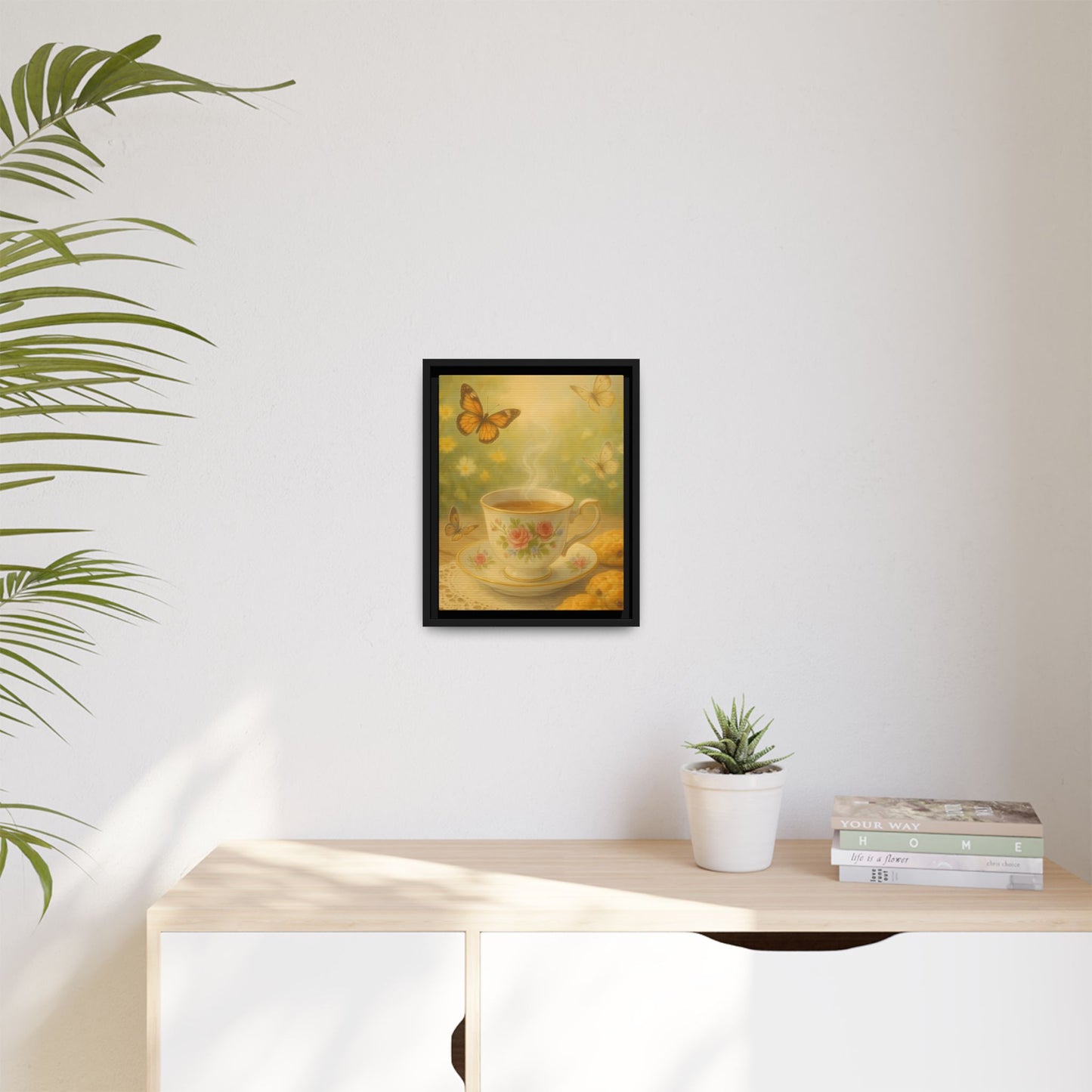 Tea & Butterflies – Framed Matte Canvas of Vintage Teacup and Garden Scene