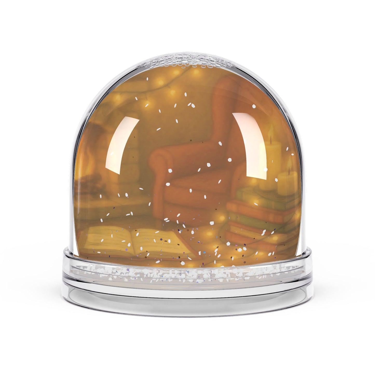 Cozy Reading Nook Snow Globe – Warm Holiday Glow with Books and Armchair