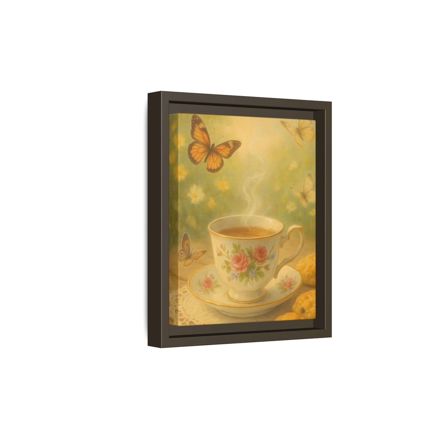 Tea & Butterflies – Framed Matte Canvas of Vintage Teacup and Garden Scene
