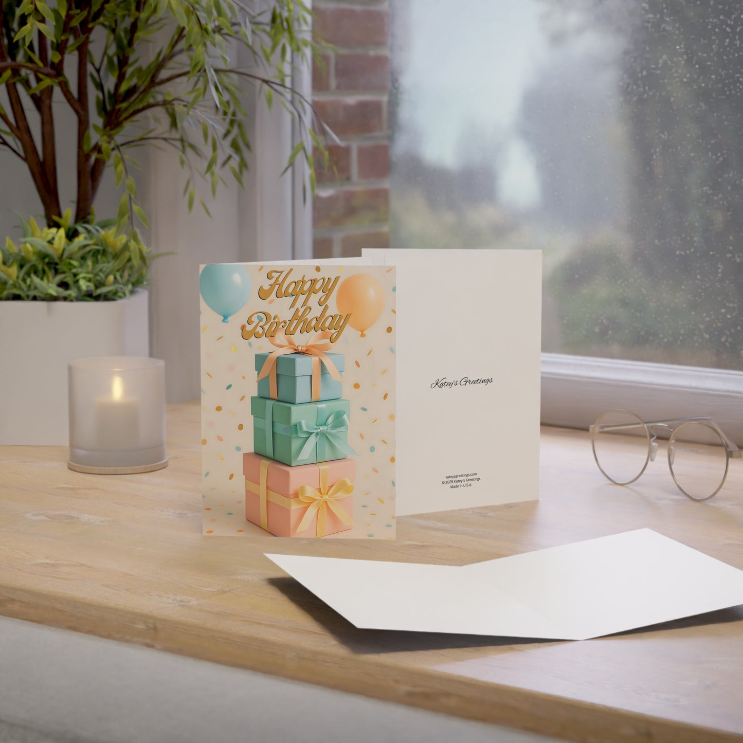 Blank Inside Happy Birthday Card with Pastel Gift Stack, Balloons & Confetti